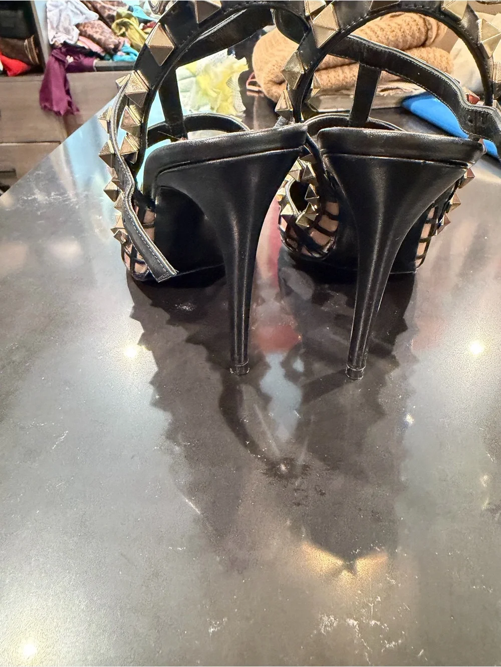 Valentino Black Cage Pointed Pump with Nude Underlay and Gold Studs
